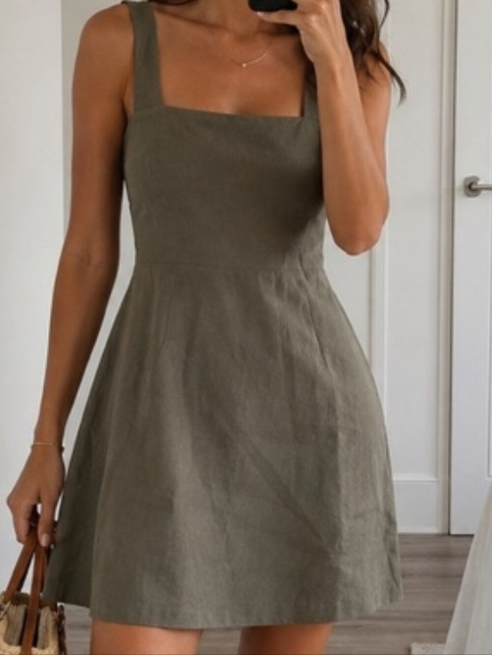Theory Linen Blend Olive Square-Neck Linen Mini Dress Size 0